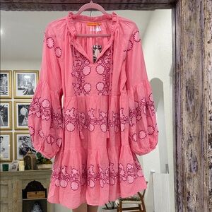 Oliphant Balloon Sleeve Embroidered Mini Dress in Tangier Pink Size M
